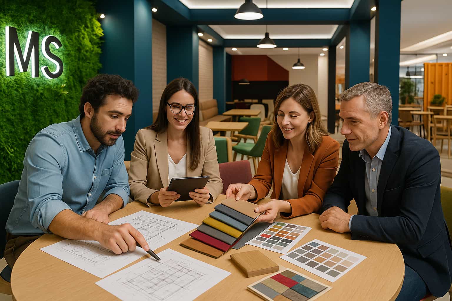 interioristas, arquitecto y cliente revisando muestras mobiliario hostelería