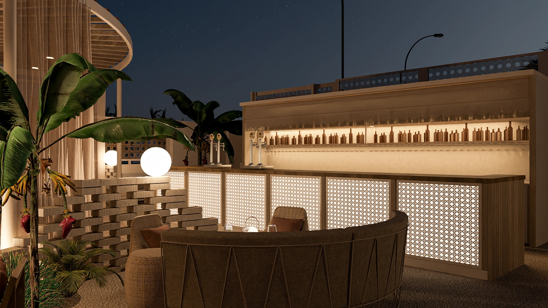 Sofá curvo de exterior trenzado y barra retroiluminada con celosía cerámica.