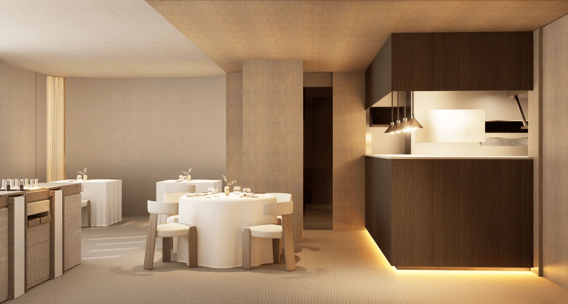 Comedor íntimo con cálida iluminación en el Restaurante Clos, destacando las mesas sustentadas por pies centrales de la marca Pedrali.