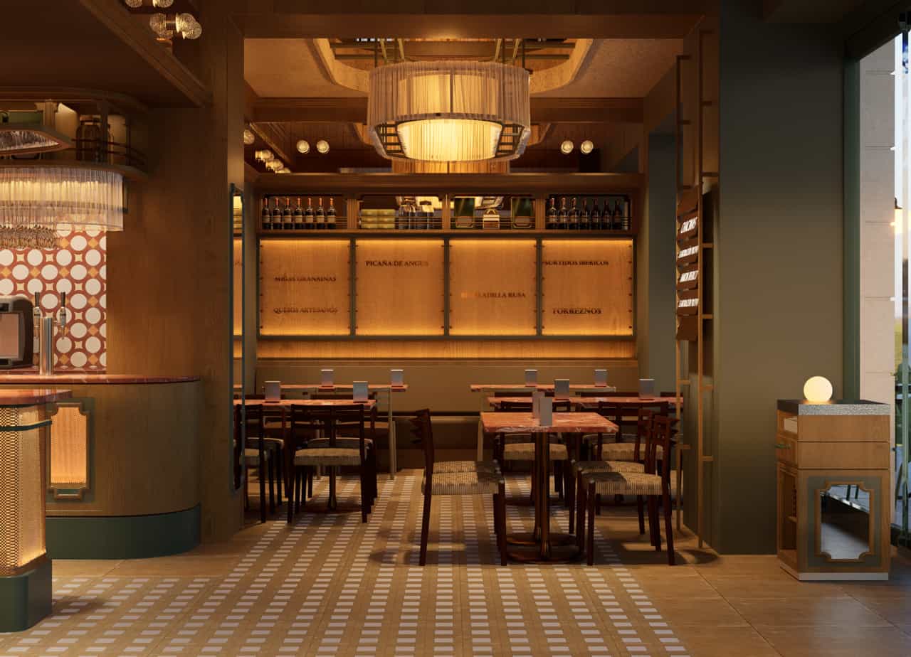 Mobiliario contract de alta durabilidad en el comedor principal del restaurante La Cueva de 1900, diseño de Lago Interioriza.