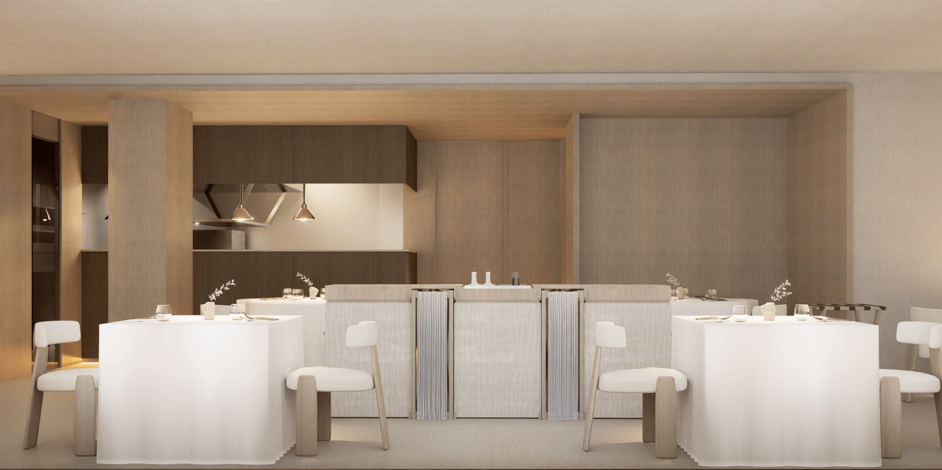 Mesas fabricadas a medida para hostelería contract frente a la cocina abierta del restaurante con Estrella Michelin Clos.