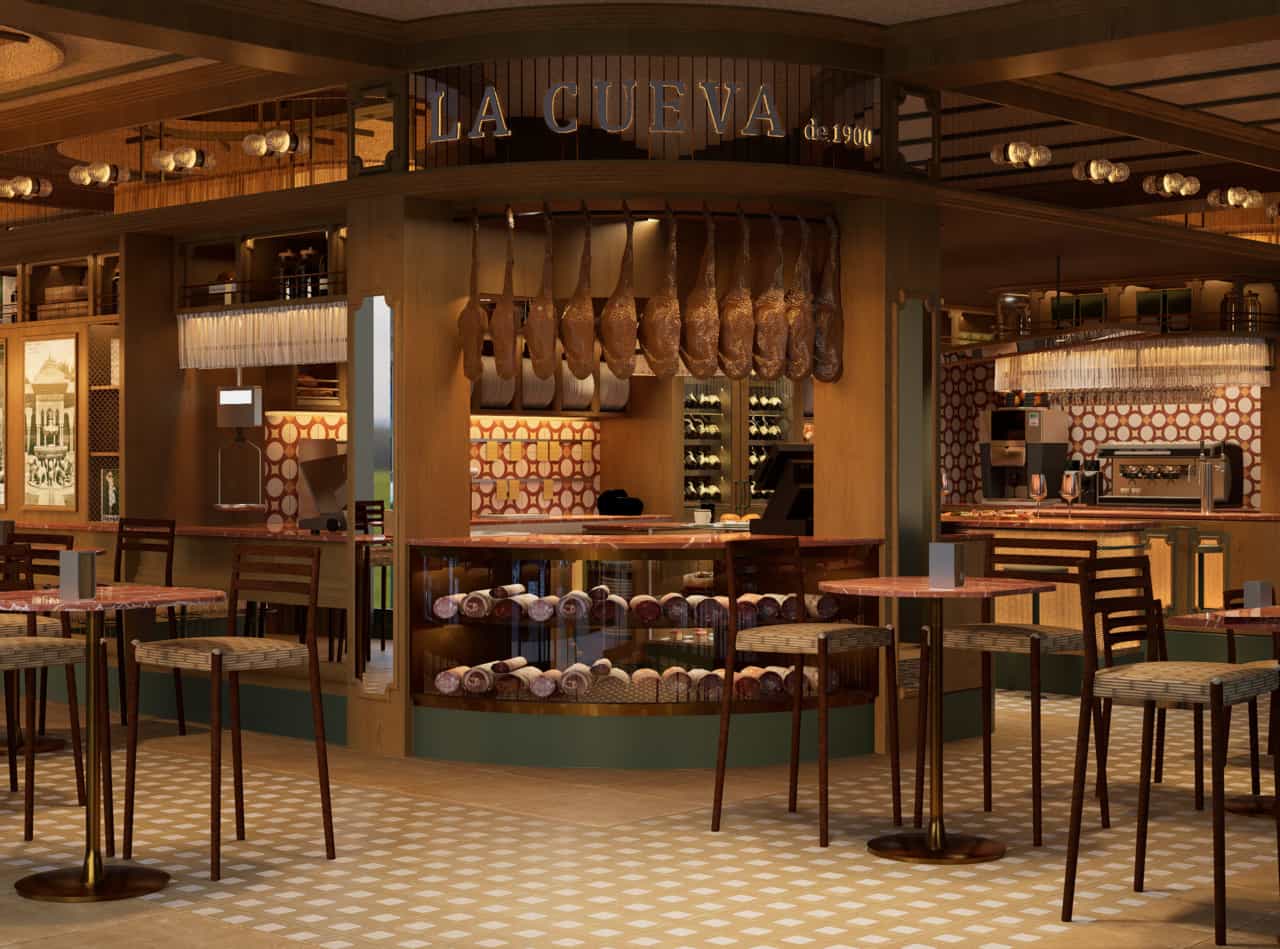 Zona de mesas altas con pie metálico a medida y sillería contract para la cadena de restauración La Cueva de 1900.
