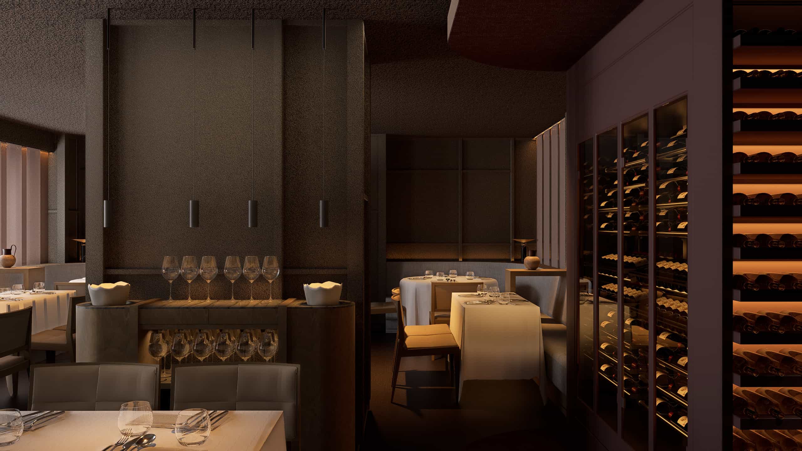 Comedor del restaurante Trescero con mesas sostenidas por robustos pies metálicos Pedrali para máxima estabilidad.