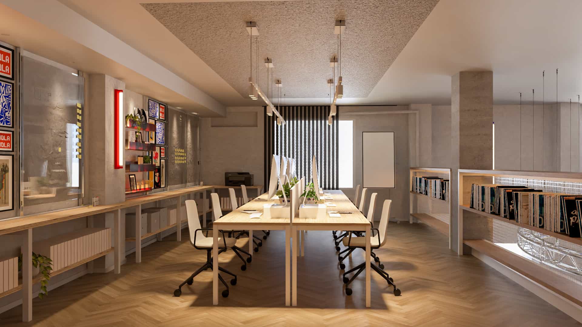 Zona de trabajo en las oficinas de la agencia Doctor Watson en Málaga, integrando mesas de la línea Sommar personalizadas y adaptadas a la planimetría del proyecto.