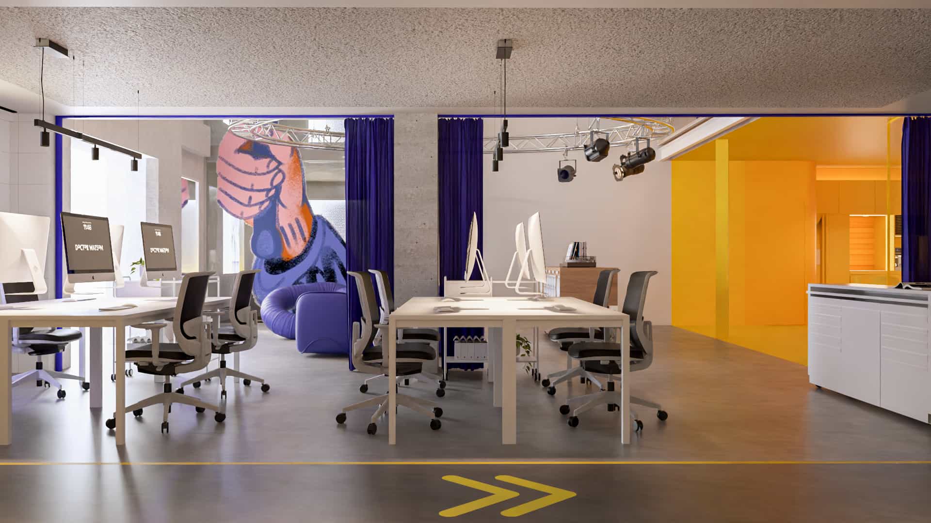 Espacio de coworking colaborativo y dinámico en la agencia Doctor Watson, destacando el uso de sillas operativas ergonómicas y mobiliario contract de alta resistencia.