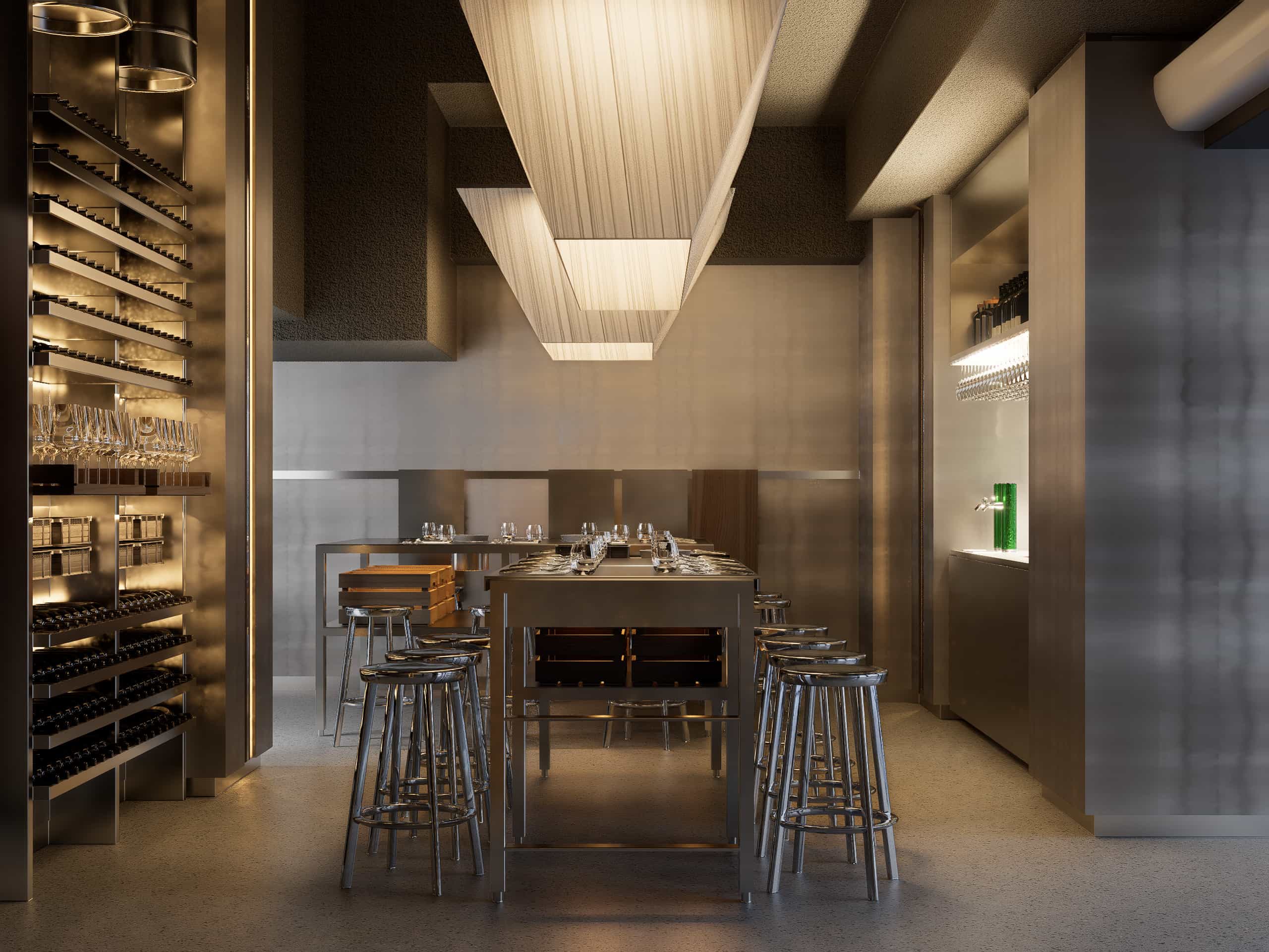 Mobiliario de hostelería enfocado en la zona de mesas altas y taburetes dentro del cuidado interiorismo del Restaurante Trescero en Granada.