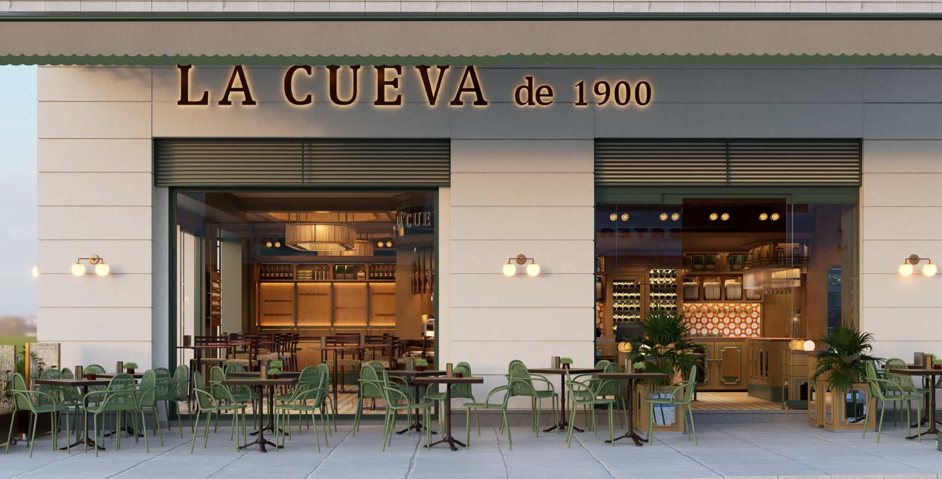 Mobiliario de terraza contract en color verde de SCAB Design, resistente al uso intensivo en los exteriores de La Cueva de 1900.