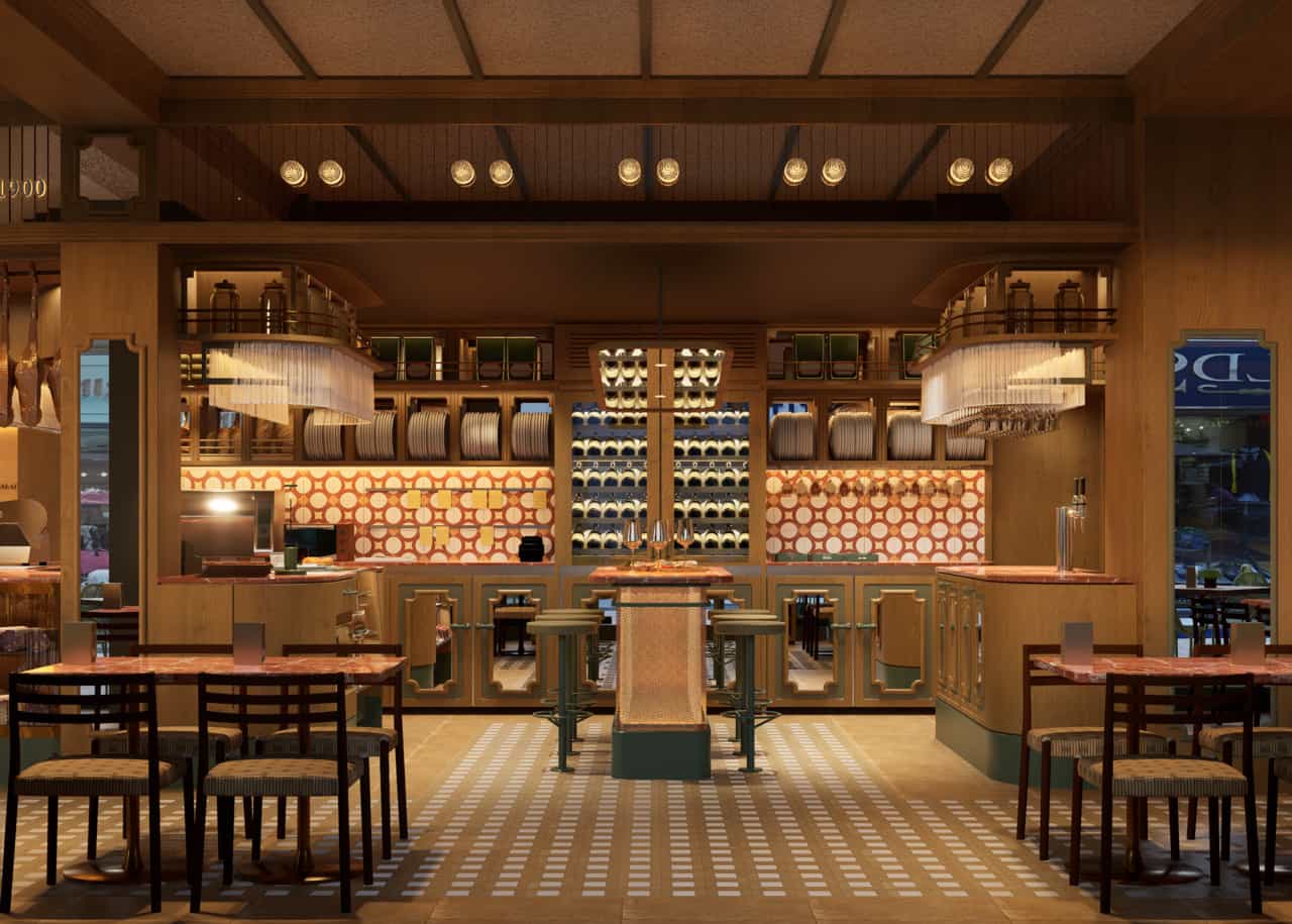 Salón interior del restaurante La Cueva de 1900 equipado con la elegante silla modelo Smart de Andreu World con cinchas personalizadas.