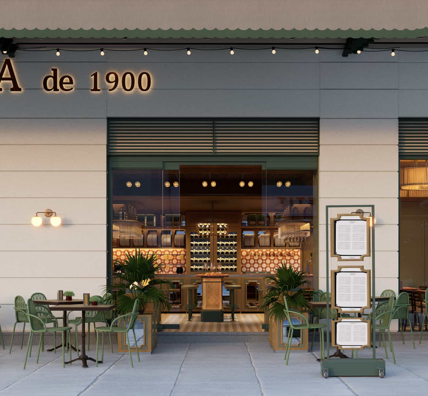 Vista de la fachada de La Cueva de 1900 mostrando la terraza equipada con sillas de exterior de la firma italiana SCAB Design.