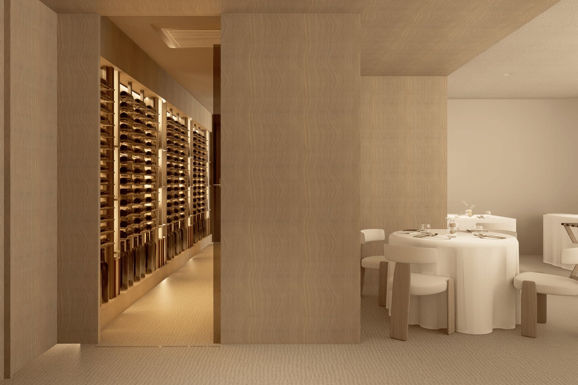 Vista de la espectacular bodega del Restaurante Clos en Madrid, con sillas Oru de Andreu World integradas en el pasillo de servicio.