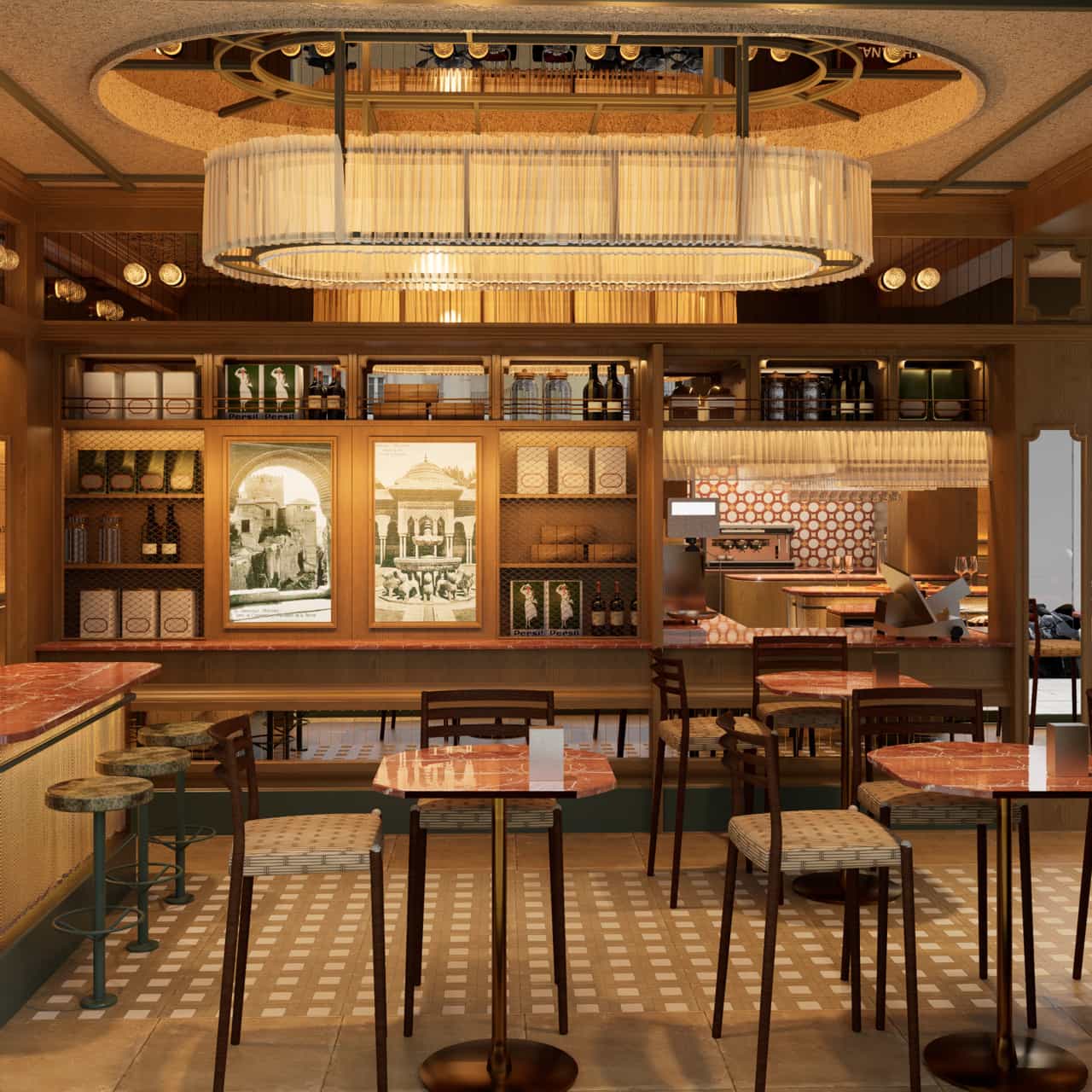 Sillería contract en madera maciza de alto rendimiento integrada en el moderno interiorismo de La Cueva de 1900.