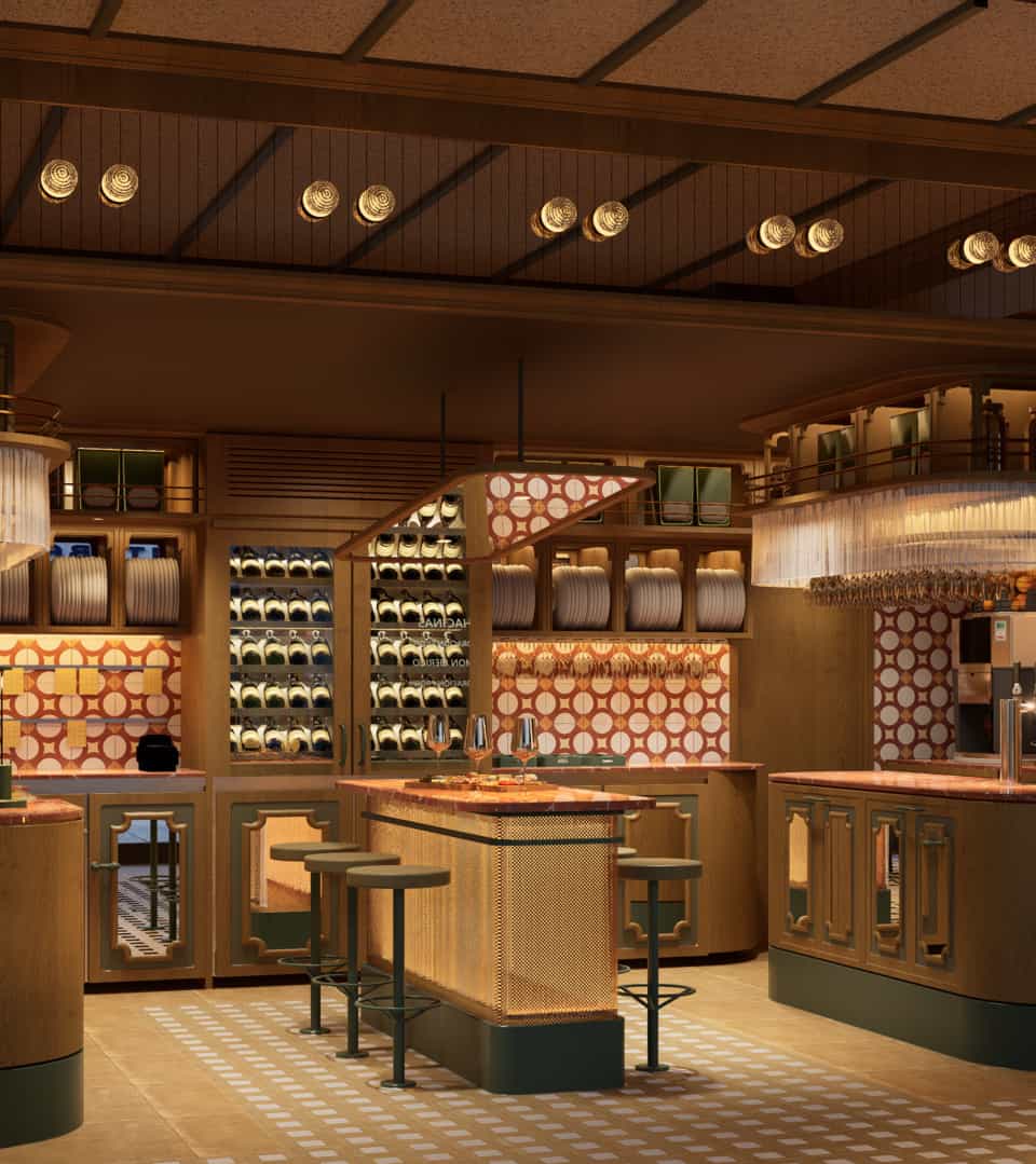 Taburetes de barra contract y equipamiento de hostelería técnica en la zona de degustación de La Cueva de 1900.